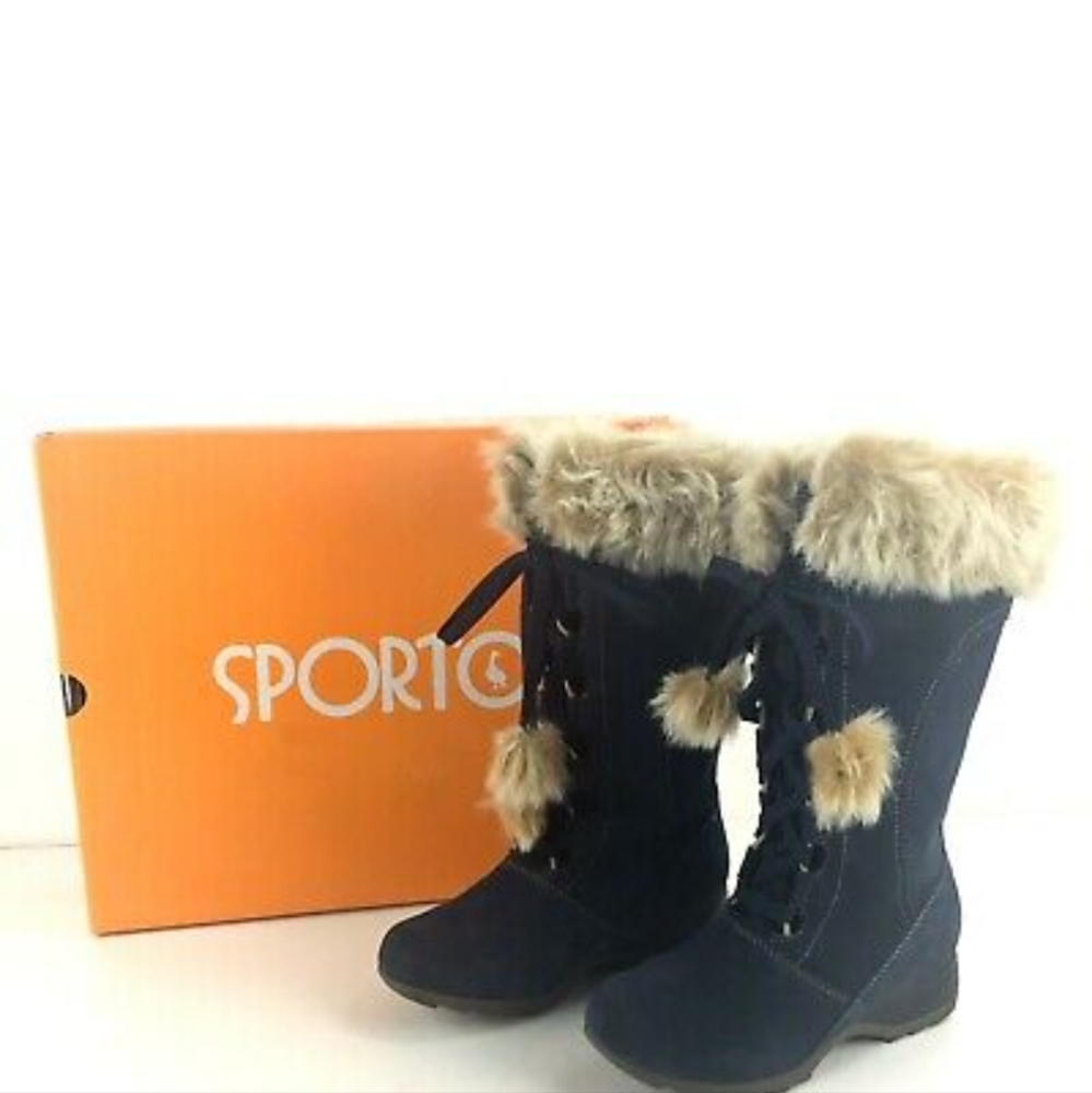 SPORTO Blue Waterproof Suede Tan Faux Fur Pom Pom Lace Up 11 Wide Calf Boots
